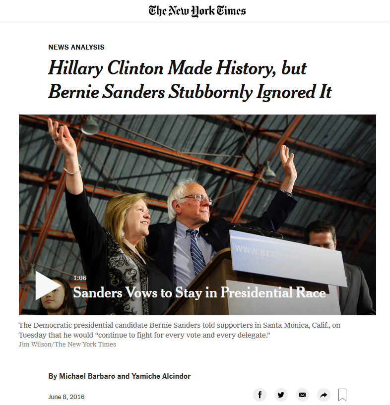 NYT: Hillary Clinton Made History, But Bernie Sanders Stubbornly Ignored It