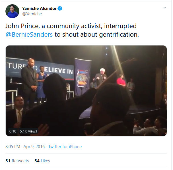 Yamiche Alcindor tweet: John Prince, a community activist, interrupted @BernieSanders to shout about gentrification.