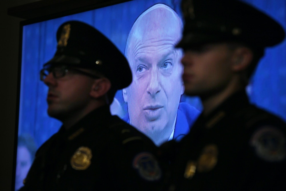 WASHINGTON, DC - DECEMBER 04: A video clip of .S. Ambassador to the European Union, Gordon Sondland is played during a House Judiciary Committee Impeachment Inquiry hearing at the Longworth House Office Building on Wednesday December 04, 2019 in Washington, DC. (Photo by Matt McClain/The Washington Post via Getty Images)