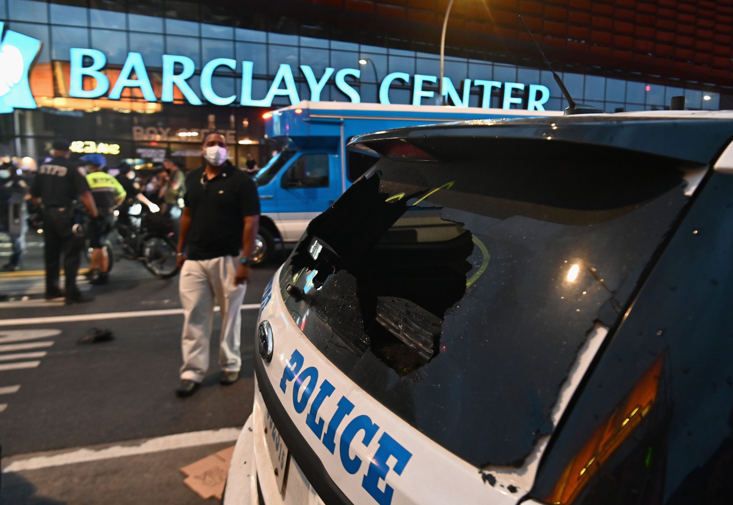 A smashed NYPD car rear windshield is seen during a "Black Lives Matter" protest near Barclays Center on May 29, 2020 in the Brooklyn borough of New York City.