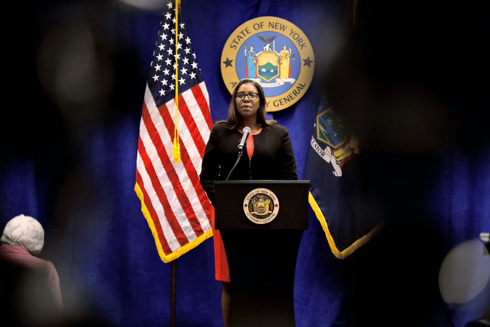 Letitia James, New York's attorney general, speaks during a news conference in New York, U.S., Thursday, Aug. 6, 2020. New York is seeking to dissolve the&nbsp;National Rifle Association as the state attorney general accused the gun rights group and its current and former senior officials of engaging in a massive fraud against donors. Photographer: Peter Foley/Bloomberg via Getty Images