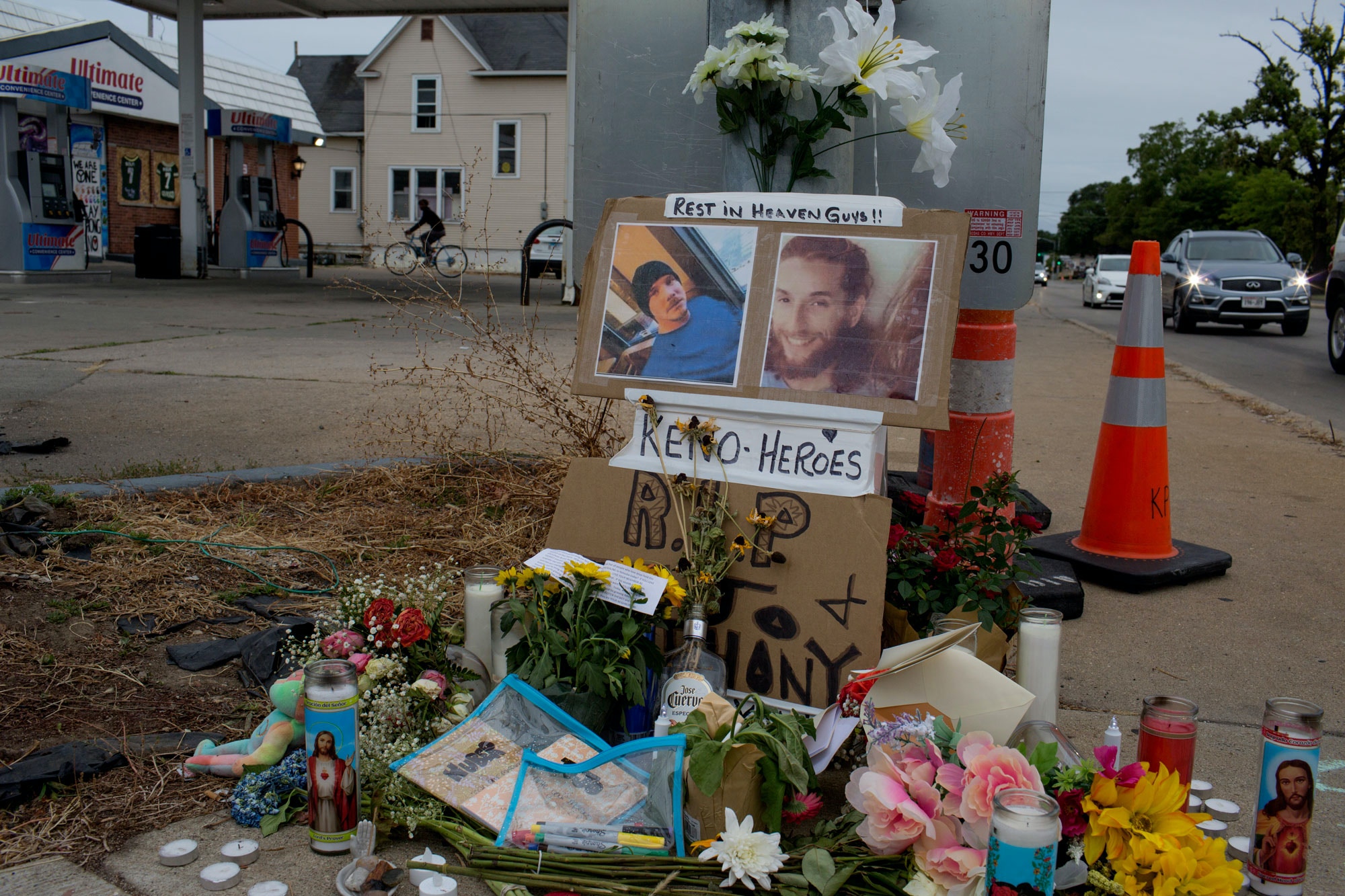 A small memorial decorates a lamp post near where Joseph Rosenbaum and Anthony Huber, two supporters of the Black Lives Matter movement, were shot and killed by a 17 year old militia member during a night of rioting, as seen on September 1, 2020, in Kenosha, Wisconsin.