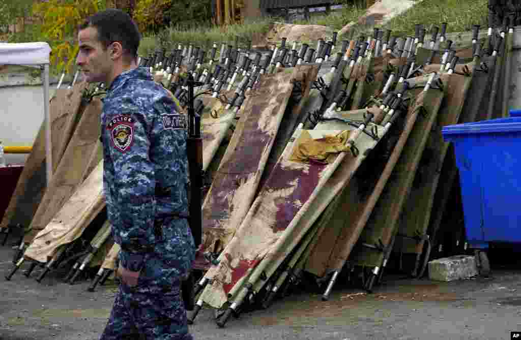 Blood-stained stretchers in a morgue in Stepanakert on November 6.