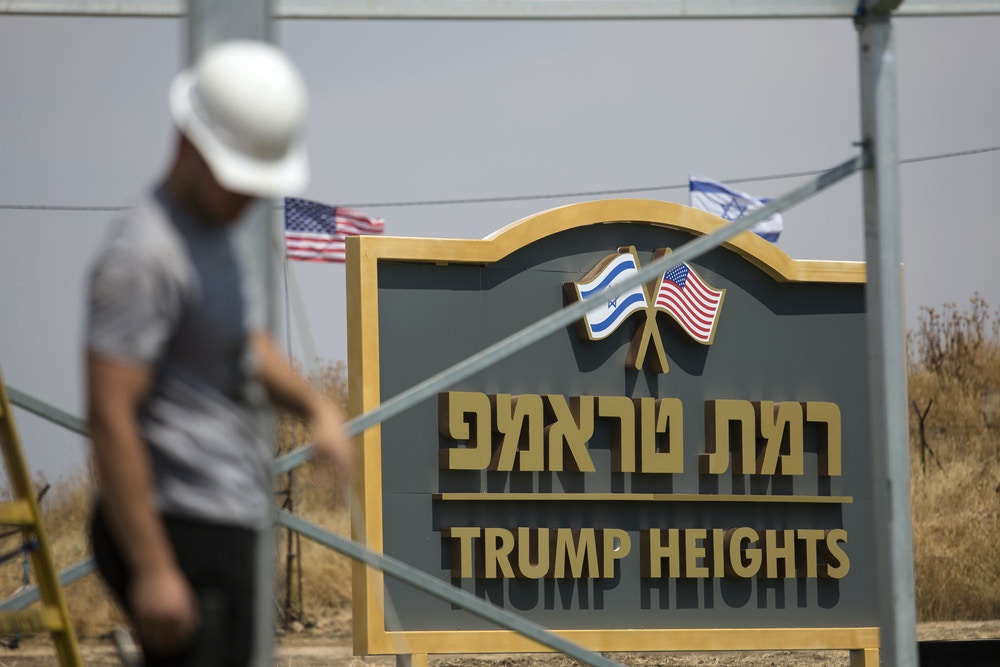 GOLAN HEIGHTS, ISRAEL - JUNE 17: An Israeli man works near a sign for a new settlement named after US President Donald Trump on June 17, 2019 in Golan Heights, Israel. The Israeli goverment named the new settlement 'Trump Heights' to honor Trump's decision to recognise sovereignty over the Golan Heights. (Photo by Amir Levy/Getty Images)