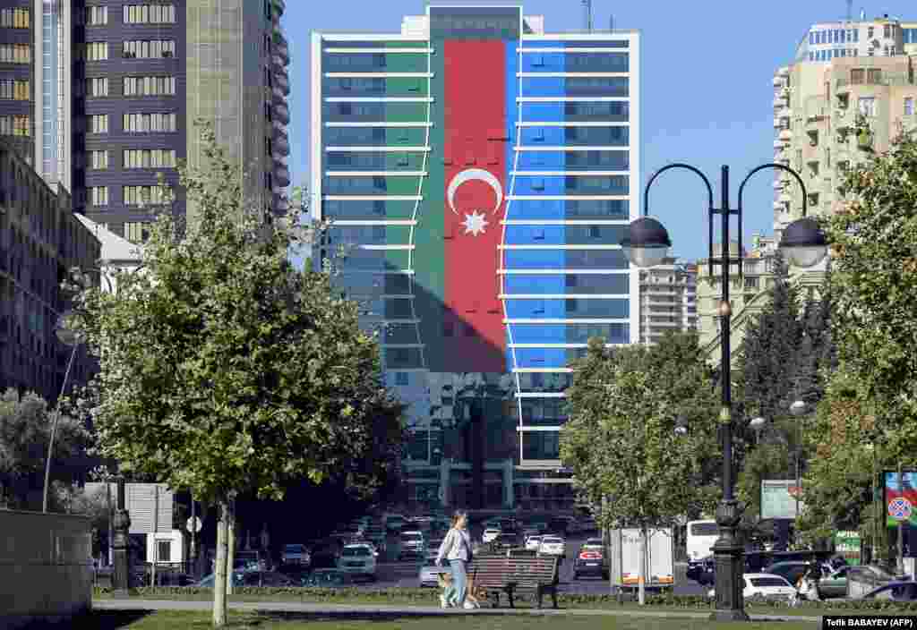 A Baku building painted with the Azerbaijan flag on October 13.&nbsp;