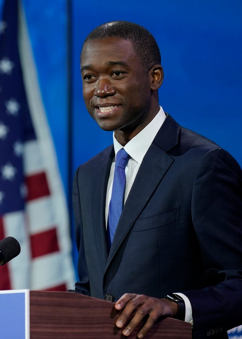 Wally Adeyemo who President-elect Joe Biden nominated to serve as Deputy Secretary of the Treasury speaks at The Queen theater, Tuesday, Dec. 1, 2020, in Wilmington, Del. (AP Photo/Andrew Harnik)