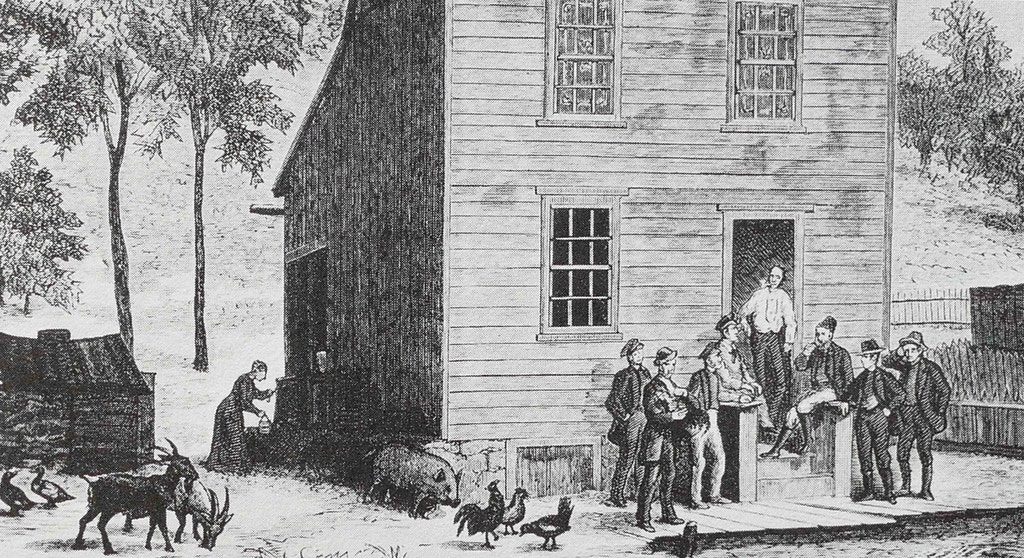 Exterior of 'Muff' Lawler's barroom and residence, a Molly Maguire base, in the town of Shenandoah, Pennsylvania. From an old woodcut. The Molly Maguires was an Irish 19th-century secret society active in Ireland, Liverpool and parts of the Eastern United States, best known for their activism among Irish-American and Irish immigrant coal miners in Pennsylvania. After a series of often violent conflicts, twenty suspected members of the Molly Maguires were convicted of murder and other crimes and were executed by hanging in 1877 and 1878. (Photo by: Universal History Archive/Universal Images Group via Getty Images)