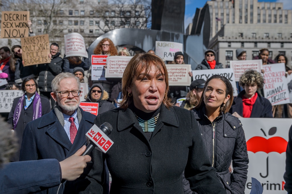 FOLEY SQUARE, NEW YORK, UNITED STATES - 2019/02/25: Cecilia Gentili, member of Decrim NYs Steering Committee - LGBTQ+, immigrant rights, harm reduction and criminal justice reform groups, led by people who trade sex, launched 20+ organization coalition, Decrim NY on February 25, 2019, to decriminalize and decarcerate the sex trades in New York city and state. Senate Labor Committee Chair Ramos and Womens Health Committee Chair Salazar and Assembly Health Committee Chair Gottfried announced intention to introduce comprehensive decriminalization bill this session. (Photo by Erik McGregor/LightRocket via Getty Images)