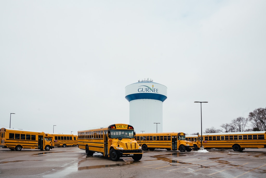 Just 2 miles from the Vantage plant is Gurnee’s water tower and transportation center where the towns busses are parked.  February 22, 2021. Jamie Kelter Davis for The Intercept.