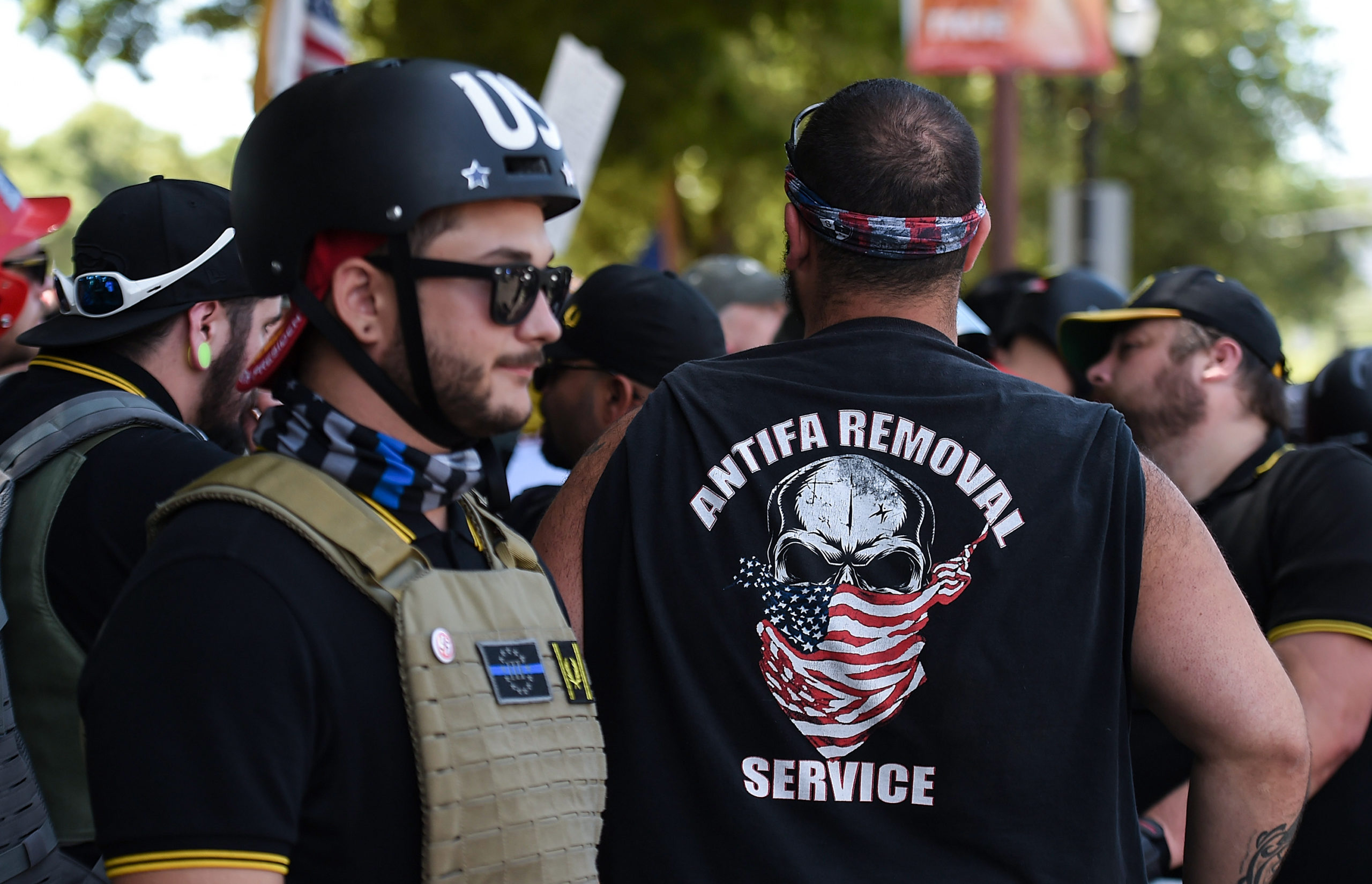 PORTLAND, OR - AUGUST 04:  Members of Patriot Prayer demonstrate during the Alt Right Rally at Tom McCall Waterfront Park on August 4, 2018 in Portland, Oregon. The Rally also brought opposition from Rose City Antifa and other groups. The rally was ultimately broken up by police after elements of the Antifa group were broken up by police when some of their members allegedly threw items at law enforcement officials.  (Photo by Steve Dykes/Getty Images)