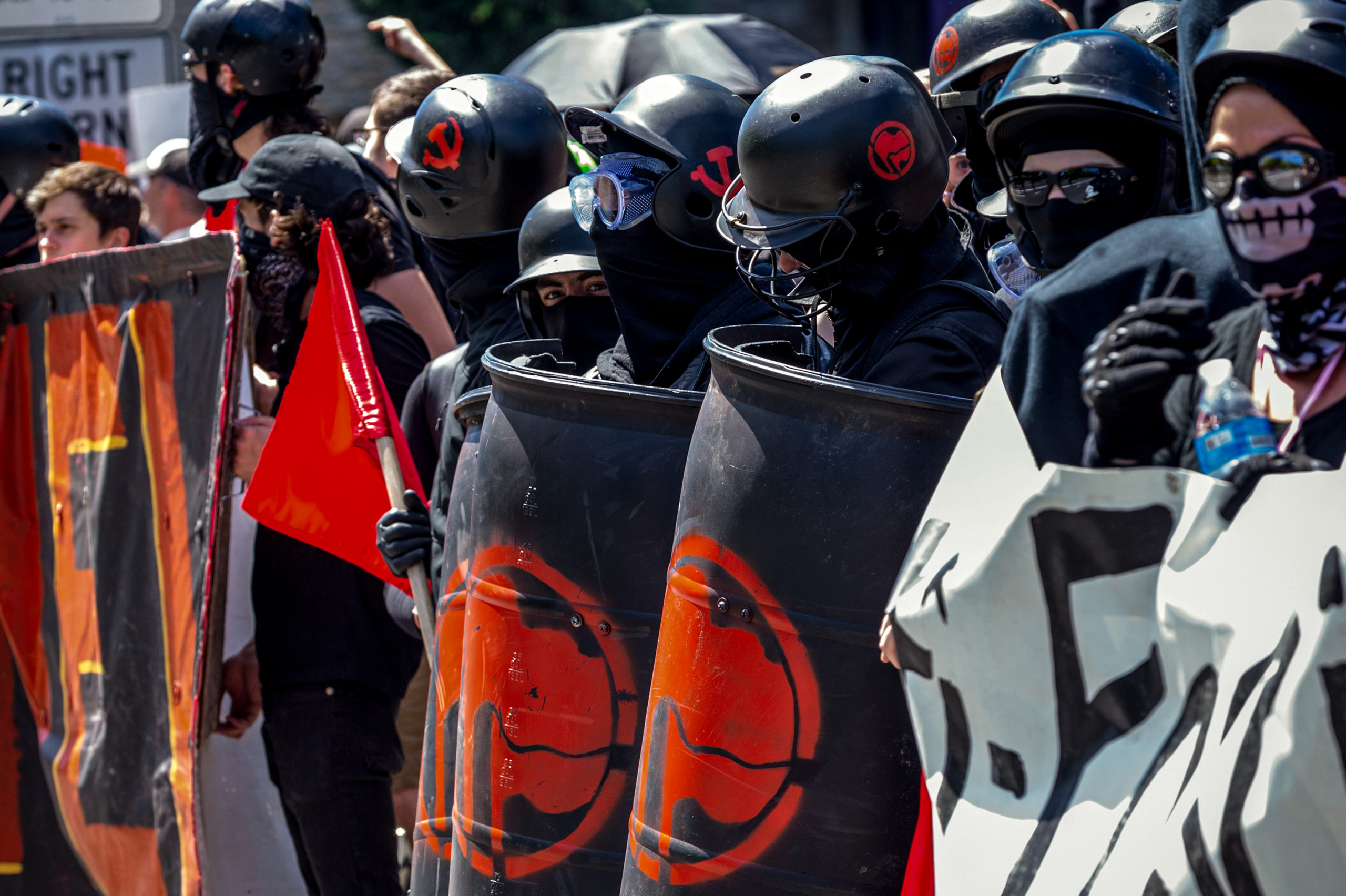 PORTLAND, OR - AUGUST 4: Members of the Antifa at the Patriot Prayer Rally in downtown Portland, OR, on August 4, 2018. (Photo by Diego Diaz/Icon Sportswire via Getty Images).