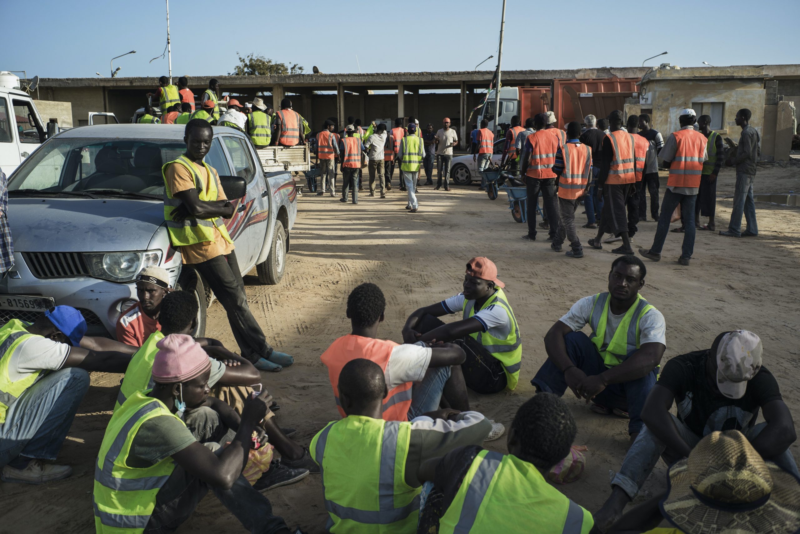 Migrants stand in line in the morning waiting for daily work in Zuwara, Libya, on Sept. 15th 2015.