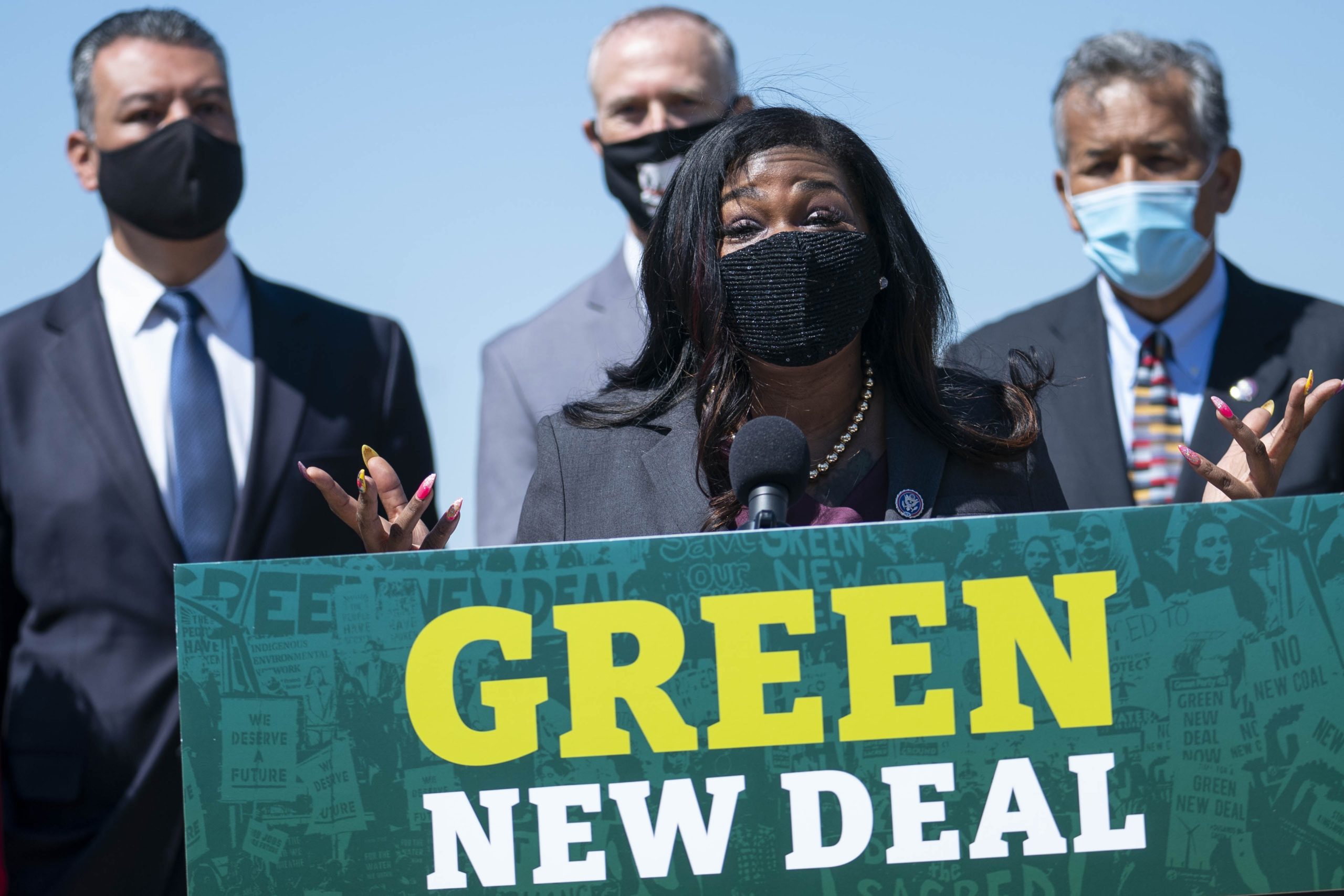 WASHINGTON, DC - APRIL 20: Rep. Cori Bush (D-MO) speaks during a news conference held to re-introduce the Green New Deal at the West Front of the U.S. Capitol on April 20, 2021 in Washington, DC. The news conference was held ahead of Earth Day later this week. (Photo by Sarah Silbiger/Getty Images)