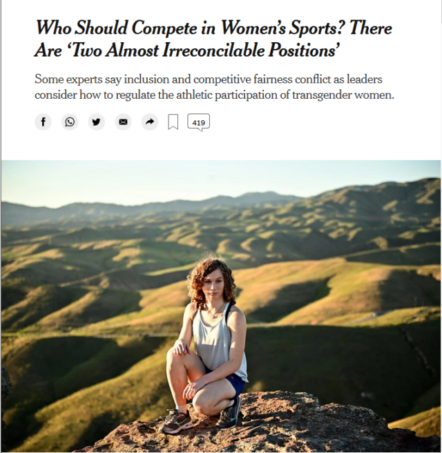 The New York Times (8/18/20) referred to inclusion of trans girls in athletics as “decid[ing]to split high school athletes by gender identity.”